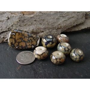 Handmade Lampwork Silvered Glass Bead Set Jewelry Supply. Mocha and Ivory